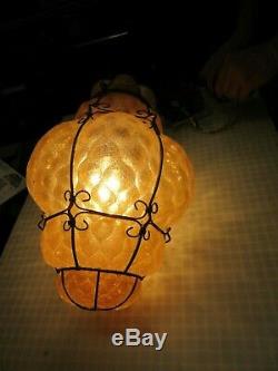 MURANO SEGUSO style Caged Lantern Pendant Light Chandelier Amber Hand Blown