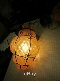 MURANO SEGUSO style Caged Lantern Pendant Light Chandelier Amber Hand Blown
