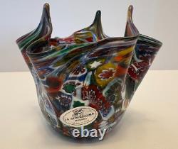 MURANO VENICE ITALY HAND BLOWN GLASS MILLEFIORI HANDKERCHIEF VASE withorig tag