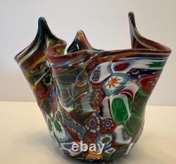 MURANO VENICE ITALY HAND BLOWN GLASS MILLEFIORI HANDKERCHIEF VASE withorig tag