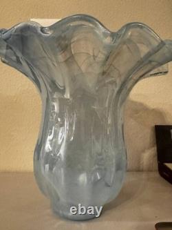 MURANO Vintage Hand-Blown Art Clear Glass Blue Vase Lavorazione Arte ITALY 12