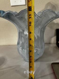 MURANO Vintage Hand-Blown Art Clear Glass Blue Vase Lavorazione Arte ITALY 12