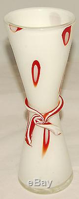 MURANO White & Red Hand Blown Glass Art Deco Italian TALL VASE RARE