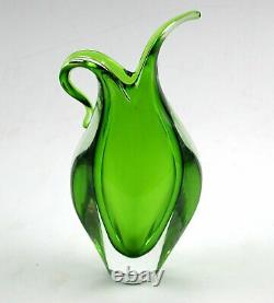 Mid Century 1950s Murano Hand Blown Green And Clear Glass Vase GORGEOUS