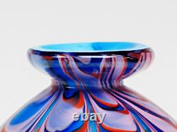 Mid-Century Hand blown Swirl Murano Cased Art Glass Vase Red, White, blue. 10.5