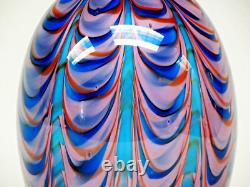Mid-Century Hand blown Swirl Murano Cased Art Glass Vase Red, White, blue. 10.5