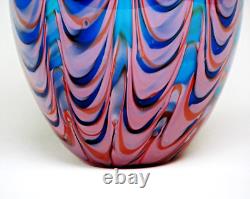 Mid-Century Hand blown Swirl Murano Cased Art Glass Vase Red, White, blue. 10.5