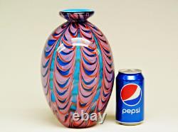 Mid-Century Hand blown Swirl Murano Cased Art Glass Vase Red, White, blue. 10.5