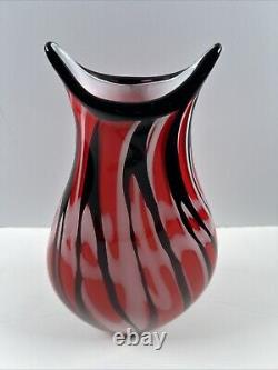 Mid-Century Heavy Murano Glass Vase 15 Red & Black Hand-Blown Italian Art