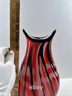 Mid-Century Heavy Murano Glass Vase 15 Red & Black Hand-Blown Italian Art