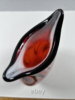 Mid-Century Heavy Murano Glass Vase 15 Red & Black Hand-Blown Italian Art