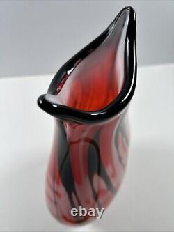 Mid-Century Heavy Murano Glass Vase 15 Red & Black Hand-Blown Italian Art