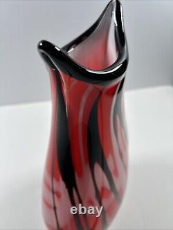 Mid-Century Heavy Murano Glass Vase 15 Red & Black Hand-Blown Italian Art