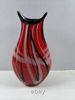 Mid-Century Heavy Murano Glass Vase 15 Red & Black Hand-Blown Italian Art