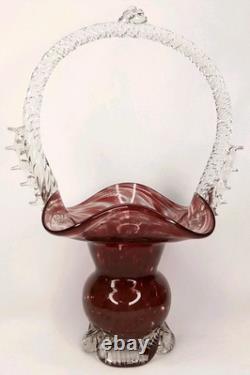 Mid Century Modern Purple & Clear Murano Glass Basket Vase Made In Italy 1960s