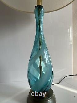Mid-Century Murano Glass Italian Swirl Ribbon Hand Blown Lamp Aqua