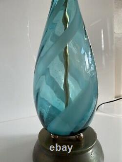 Mid-Century Murano Glass Italian Swirl Ribbon Hand Blown Lamp Aqua