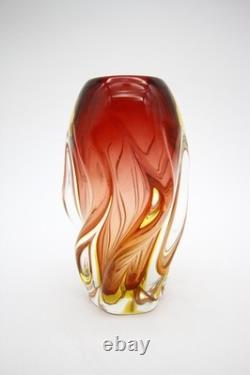 Mid Century Murano Glass Swirl Vase Red Yellow Clear Glass Hand Blown 8 h