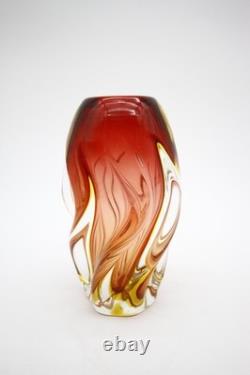 Mid Century Murano Glass Swirl Vase Red Yellow Clear Glass Hand Blown 8 h