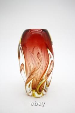 Mid Century Murano Glass Swirl Vase Red Yellow Clear Glass Hand Blown 8 h