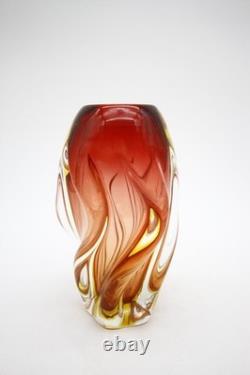 Mid Century Murano Glass Swirl Vase Red Yellow Clear Glass Hand Blown 8 h