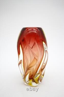 Mid Century Murano Glass Swirl Vase Red Yellow Clear Glass Hand Blown 8 h