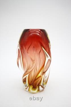 Mid Century Murano Glass Swirl Vase Red Yellow Clear Glass Hand Blown 8 h