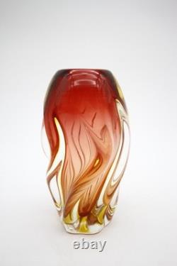 Mid Century Murano Glass Swirl Vase Red Yellow Clear Glass Hand Blown 8 h