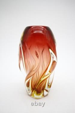 Mid Century Murano Glass Swirl Vase Red Yellow Clear Glass Hand Blown 8 h