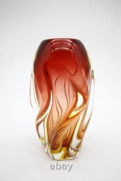 Mid Century Murano Glass Swirl Vase Red Yellow Clear Glass Hand Blown 8 h