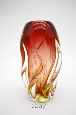 Mid Century Murano Glass Swirl Vase Red Yellow Clear Glass Hand Blown 8 h