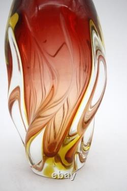 Mid Century Murano Glass Swirl Vase Red Yellow Clear Glass Hand Blown 8 h