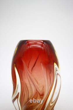 Mid Century Murano Glass Swirl Vase Red Yellow Clear Glass Hand Blown 8 h