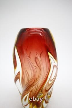 Mid Century Murano Glass Swirl Vase Red Yellow Clear Glass Hand Blown 8 h
