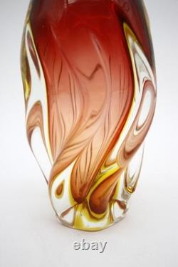 Mid Century Murano Glass Swirl Vase Red Yellow Clear Glass Hand Blown 8 h