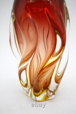 Mid Century Murano Glass Swirl Vase Red Yellow Clear Glass Hand Blown 8 h
