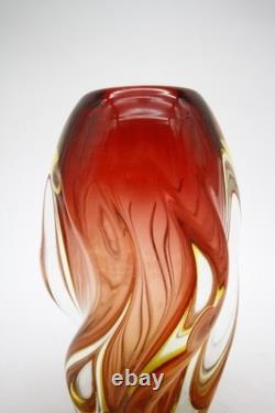 Mid Century Murano Glass Swirl Vase Red Yellow Clear Glass Hand Blown 8 h