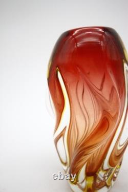 Mid Century Murano Glass Swirl Vase Red Yellow Clear Glass Hand Blown 8 h