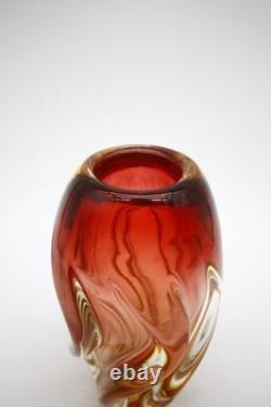 Mid Century Murano Glass Swirl Vase Red Yellow Clear Glass Hand Blown 8 h
