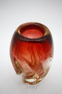 Mid Century Murano Glass Swirl Vase Red Yellow Clear Glass Hand Blown 8 h