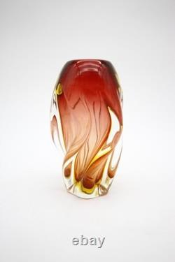 Mid Century Murano Glass Swirl Vase Red Yellow Clear Glass Hand Blown 8 h