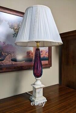 Mid Century Murano Hand Blown Amethyst Glass & Marble Table Lamp