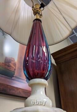 Mid Century Murano Hand Blown Amethyst Glass & Marble Table Lamp