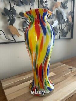 Mid Century Murano Type Hand Blown Confetti Art Glass Trumpet Vase 13 high