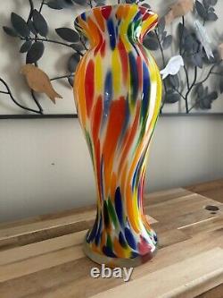 Mid Century Murano Type Hand Blown Confetti Art Glass Trumpet Vase 13 high