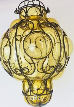Mid-Century Seguso Murano Amber Hand Blown Glass Caged Pendant Light Chandelier