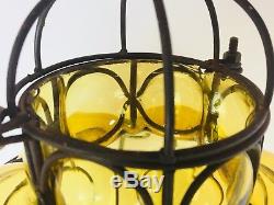 Mid-Century Seguso Murano Amber Hand Blown Glass Caged Pendant Light Chandelier
