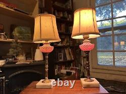 Mid-century modern MCM Murano Glass table lamps pair brass hand blown glass