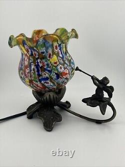 Millefiori Murano Hand Blown Art Glass Shade Table Lamp withMetal Base Unmarked