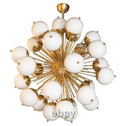 Modernist Hand Blown Murano Frosted Glass and Brushed Brass Sputnik Chandelier